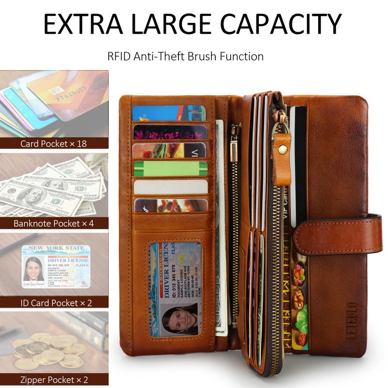 LETEULO Women's RFID Blocking Genuine Leather Wallet Vintage Hand Rubbing Wallets Organizer (US Brown) - Image 2